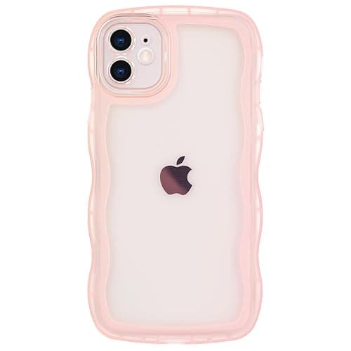 Dumkery Cute Case Compatible with iPhone 12 Case, Clear Pink Curly Wave Frame Anti Slip Soft TPU Shockproof Case Cover for Girls Women - Image 1