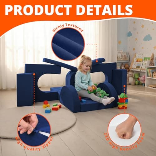 Fvkind Modular Kids Play Couch 16pcs, Kids Toddler Couch Building Fort for Playroom, Bedroom, Toddler Sectional Play Sofa, Convertible Foam Cushion Sofa for Boys and Girls, Blue thumbnail 6