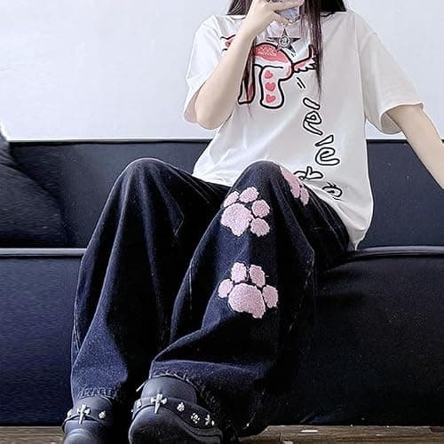 Kawaii Cat's Claw High Waisted Wide Leg Jeans for Women Y2K Harajuku Fashion Denim Pants with Patchwork Design thumbnail 6