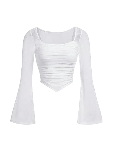Floerns Girls Bell Long Sleeve Square Neck Asymmetrical Hem Mesh Ruched Crop Tops Tees - Image 1