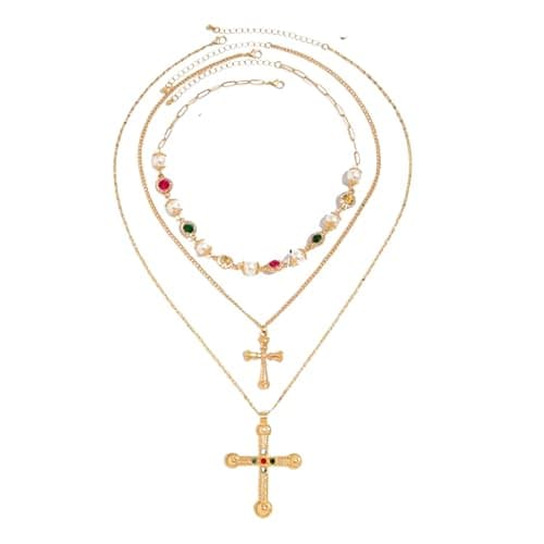Vintage Layered Cross Necklaces Set for Women,Gold Long Chain Crystal Pendant Necklace Pearl Colorful Crystal Gemstone Necklace Multilayered Statement Necklaces Boho Summer Beach Jewelry - Image 1
