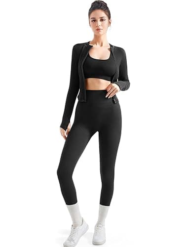 SUUKSESS Women 2 Piece Seamless Ribbed Workout Sets With Zip Up Jacket High Waisted Gym Yoga Leggings thumbnail 3