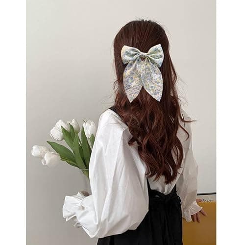 SALOCY Chiffon Hair Bows for Women Girls,4 PCS Barrette Hair Clip Long Black Ribbon Bows French Style Hair Accessories for Summer (Pink,Yellow,Blue,Purple) thumbnail 4