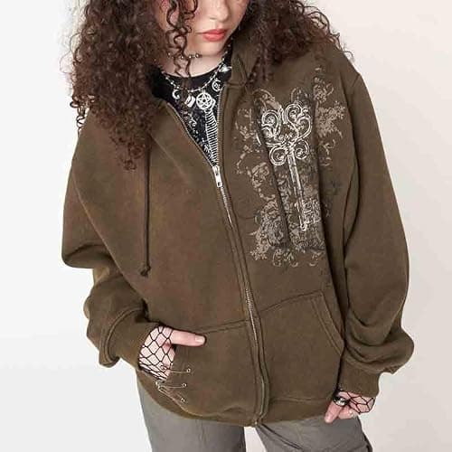 MOMEITU Women's autumn/winter Y2K style jacket, retro casual long sleeved fleece zipper hooded sweatshirt thumbnail 5