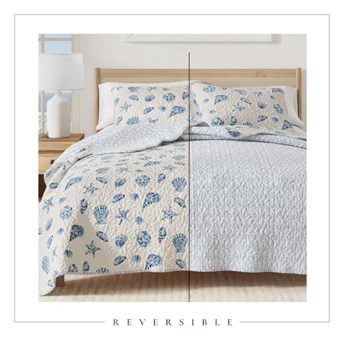 Great Bay Home Coastal Quilt Set - 2-Piece Twin/Twin XL Size Nautical Bedding Set - Lightweight, All-Season, Reversible Coral-Printed Bedspread (Blue Shells) thumbnail 4