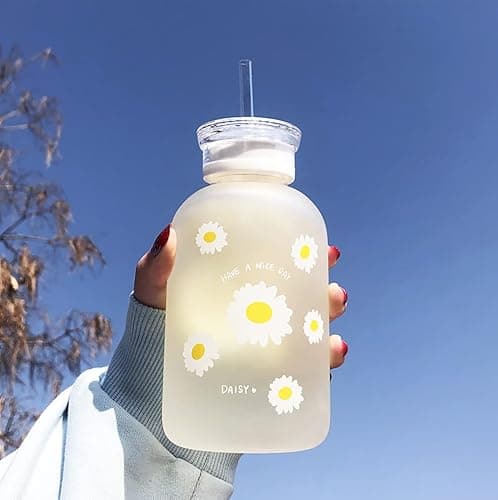 JZSMY 480ml Milk Juice Cute Water Bottle with Scale 2 Lids Little daisy Matte Portable Transparent Water Cup Glass Bottles Creative Handy Cup (1Pcs Six Flowers) thumbnail 2