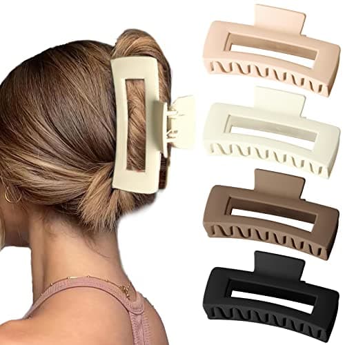 Bmobuo 5 Inch Extra Large Claw Clips, XL Jumbo Claw Clips for Thick Hair, 4PCS Big Hair Clips for Women Thick Long Curly Hair, Strong Hold Oversized Square Claw Clips, Durable Matte Jaw Clip Hair Claw Clips - 01-Neutral - Image 1
