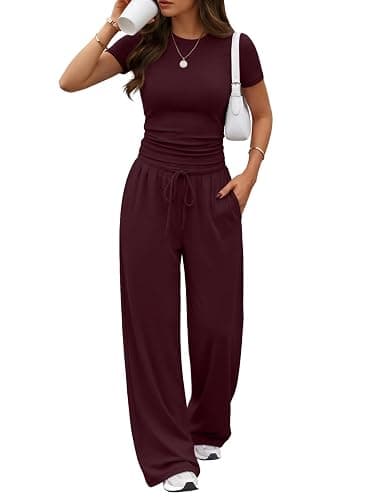 Trendy Queen 2 Piece Matching Summer Lounge Set Womens Side Ruching Top Wide Leg Pants Sets with Pockets - Image 1