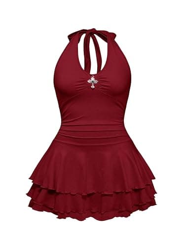 SHENHE Women's Plus Size Y2k Halter Tie Backless Ruched Layered Ruffle Grunge Punk Mini Dress - Image 1
