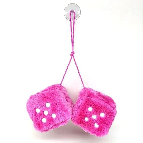 Fuzzy Plush Dice for Car Mirror, Pair of Retro 3” Pink Dice with White Dots for Car Interior Hanging Ornament Decoration thumbnail 3