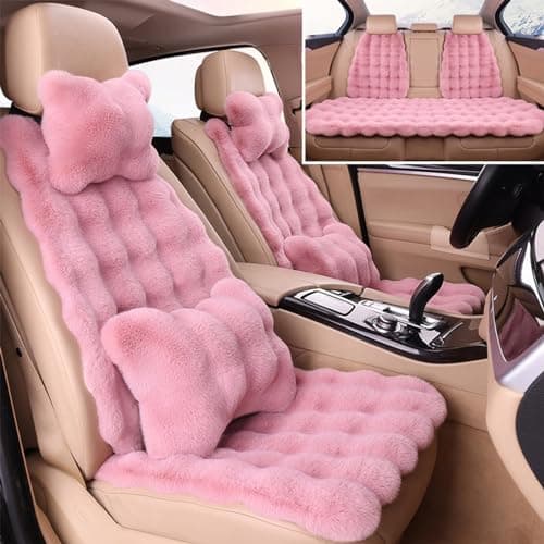 EDVKLNG Luxury Thickened Plush Car Seat Cushion Set,Soft Fluffy Protector Warm Faux Rabbit Fur Non-Slip Front and Back Seat Covers (Pink,11pcs) - Image 1