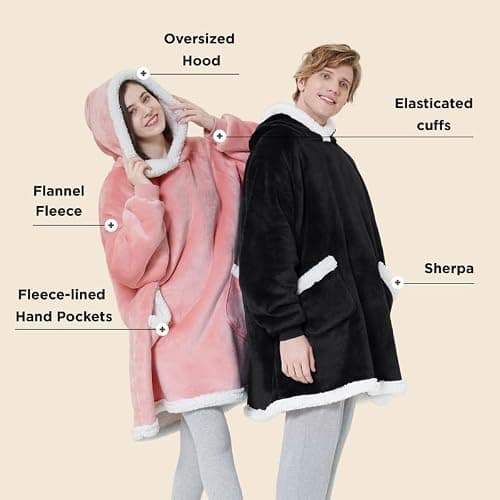 Bedsure Blanket Hoodie, Wearable Blanket for Adults & Kids as Gifts for Women Men, Birthday Gifts for Women Mom Girl Sherpa Oversized Hoodie, Black, Standard thumbnail 2