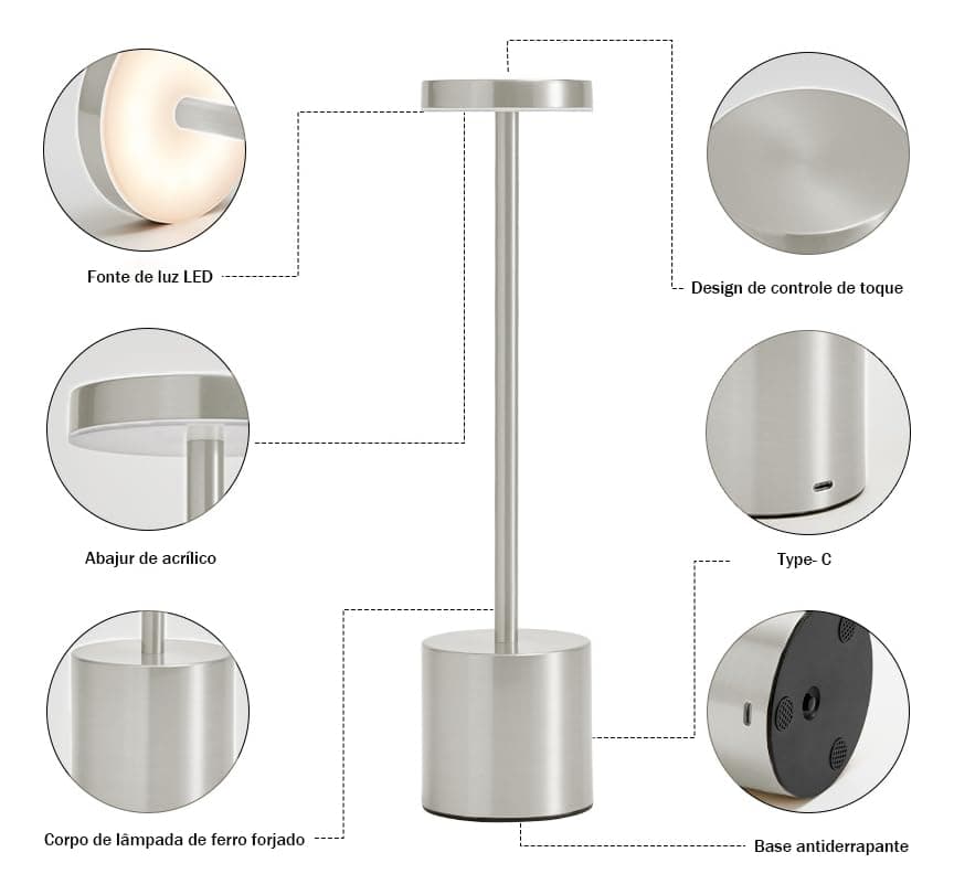 Luminária Dimerizável Touch 3 Cores de Luz E Modo Intensidade, Abajur LED de Mesa Moderno Recarregável Sem Fio para Quarto, Escritório, Leitura, Jantar, Cabeceira de Cama, Decoração (PRATA) thumbnail 7