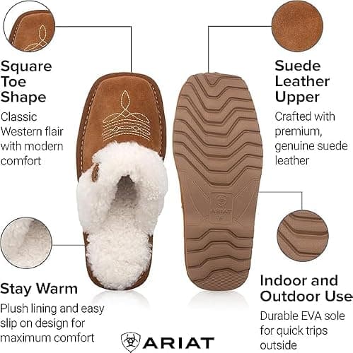 ARIAT Women's Jackie Square Toe Warm Soft Genuine Suede Leather Indoor Outdoor Slippers with Plush Collar thumbnail 6