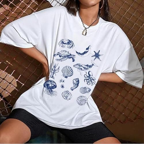 Oversized Graphic Tees for Women Y2k Short Sleeve Ocean/Shark Baggy Shirt Cute Crewneck Aesthetic Preppy Clothes - White Ocean - Small thumbnail 3
