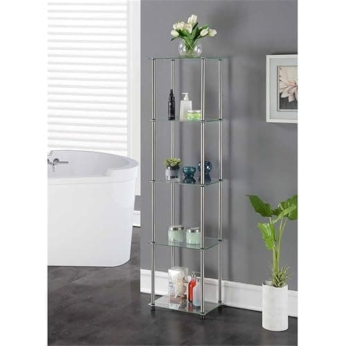 Convenience Concepts Designs2Go Classic Glass 5 Tier Tower 15.75" - Modern Media Storage Bookshelf for Living Room, Display Bookcase for Family Room, Bedroom, Bathroom, Office, Glass/Chrome thumbnail 2