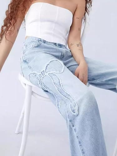 CORIRESHA Women's Straight Leg Frayed Edge Bow-Tie Embroidery High Rise Loose Denim Jeans - Medium - Blue thumbnail 5