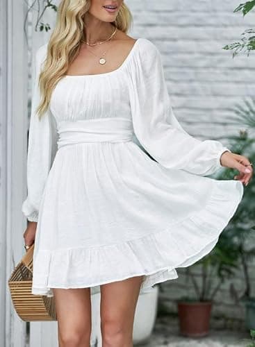 Dokotoo Womens Dress Long Lantern Sleeve Square Neck Tie Backless Sexy Dress Ruffle Elastic Waist A-Line Mini Dress thumbnail 6