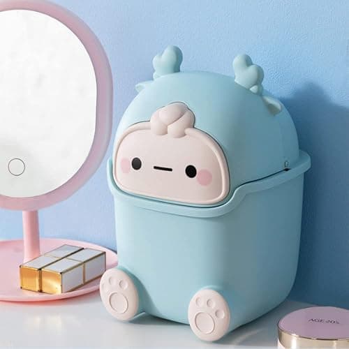 QLFJ-FurDec Cute Desktop Trash Can Wastebasket with 90 Trash Bags, Creative Tiny Countertop Garbage Can with Flip Lid, Small Plastic Storage Bin for Bedroom, Bathroom, Kitchen, Office(Sky Blue) thumbnail 5