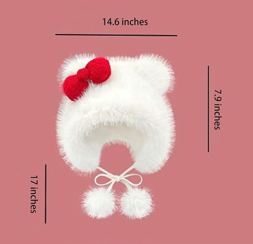Cute Plush Hat White Cat Ear Bowknot Hat for Women Cartoon Winter Thickened Anti-Freezing Faux Fur Hats with Pom Earflap thumbnail 3