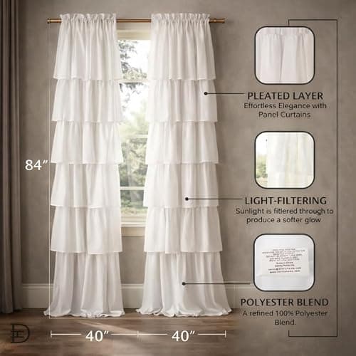 Dainty Home Pleated Layer Curtains for Living Room and Bedroom White 84" x 40" Set of 2 Rod Pocket Header Curtains Long Curtain Panel Window Curtains thumbnail 2