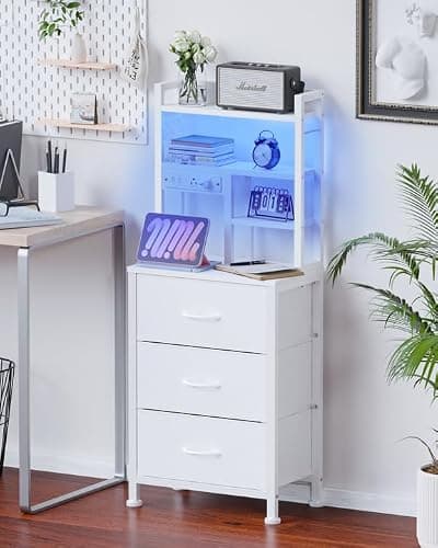 Furnulem Tall Nightstand with LED Lights and 3 Tier Shelves, Night Stand with 3 Fabric Drawers, 45.3inch Tall Bedside Tables with USB Ports and Outlets in Bedroom, Dorm, Office (White) thumbnail 2