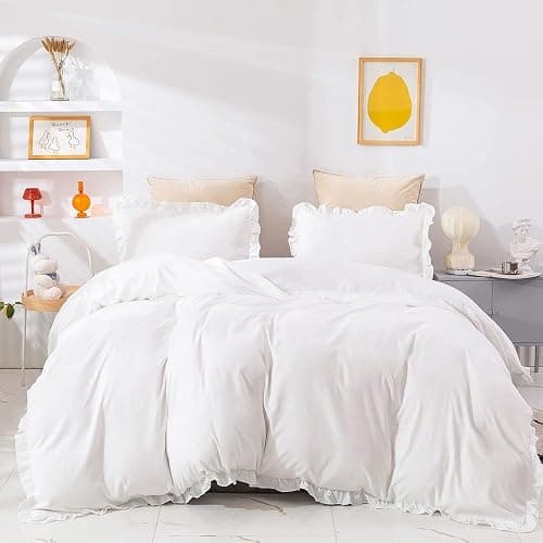 CLOTHKNOW White Full Size Comforter Sets Ruffles Farmhouse Bedding Comforter Sets Boho Comforter Vintage Rustic Shabby Chic Comforters - Image 1