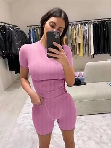 AYWA Two Piece Outfits for Women Fitted Crew Neck T-shirt High Waist Leggings Biker Shorts Matching Sets Streetwear thumbnail 3