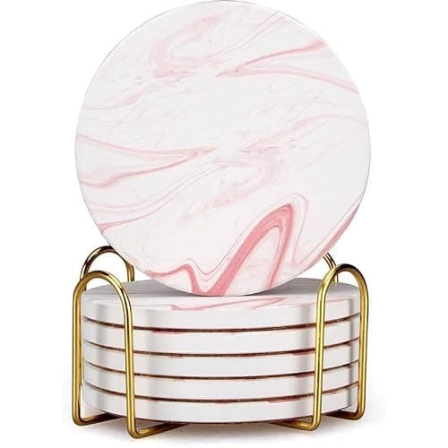 Cute Pink Marble Coasters for Desk Coffee Bar Table Kitchen Decor Set of 6 | Absorbent Ceramic Cup Coaster with Holder Pretty Stone Coster Drink Funny Aesthetic Girly Living Room Decor Quartz Coasters thumbnail 3