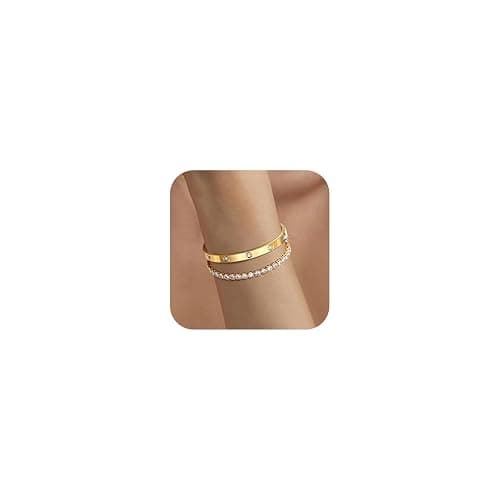 Gold Women Bangle Tennis Bracelet - Stainless Steel Gold Plated Girls Bangle, Dainty 4mm Cubic Zirconia Classic Tennis Bracelets, 17/19cm Jewelry Set Gift for Mother Best Friends thumbnail 8