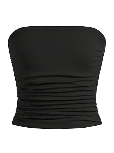 OYOANGLE Girl's Strapless Tube Top Ribbed Knit Ruched Cropped Bandeau Cute Summer Tops - Image 1