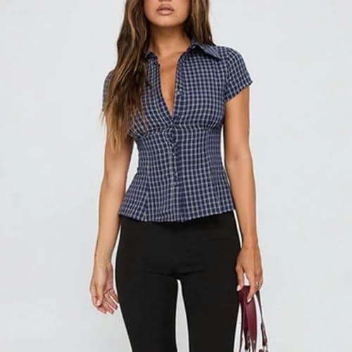 Women Y2k Short Sleeve Button Up Shirt Lapel Collar V Neck Plaid Open Front Blouse Basic Casual Going Out T-Shirt thumbnail 4