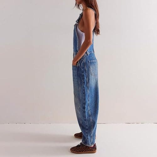 utcoco Womens Denim Overalls Loose Fit Barrel Leg Adjustable Strap Hip Hop Jean Jumpsuits thumbnail 2