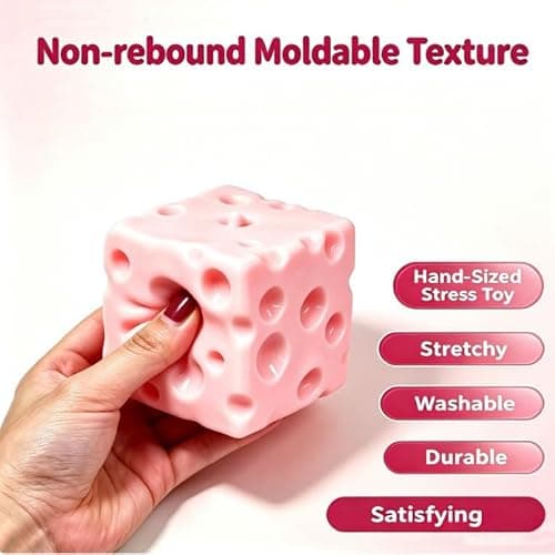 Pink Cheese Squishy Toy - Moldable Dough Texture Stress Relief Sensory Fidget Toys for Adults & Kids - Swiss Cheese Squeeze Toys for Anxiety thumbnail 4