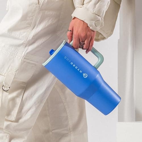 HydroJug Traveler - 32 oz Water Bottle with Handle & Flip Straw - Fits in Cup Holder, Leak Resistant Tumbler-Reusable Insulated Stainless Steel & Rubber Base - Gifts for Women & Men, Riptide thumbnail 2