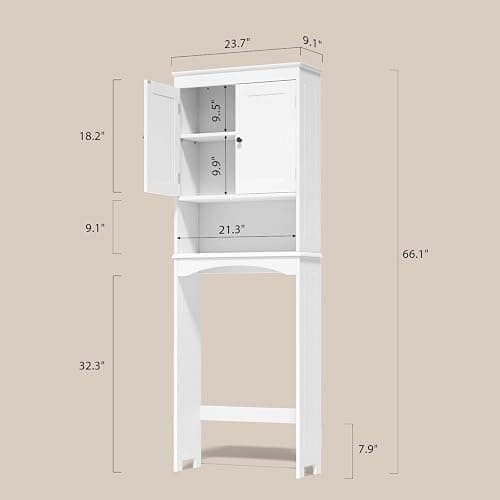 Gizoon Over The Toilet Storage Cabinet with Adjustable Shelf and Double Doors, Bathroom Space Saver Organizer Above Toilet with Open Shelf, Taller Wooden Free Standing Toilet Rack -White thumbnail 2