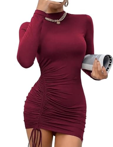 Rongseng Robe Moulante à Manches Longues Sexy Chic pour Femmes - Mini Cordon De Serrage Plissée Courte Décontractée - Mode Élégante pour Soirée Cocktail Party Automne Hiver - Image 1
