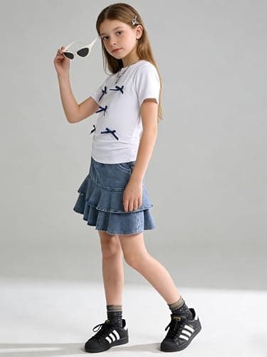 Afsmlys Tween Girl Clothes Short Sleeve Bow Knot Top + Denim Mini Skirt Teen Girl Clothing, Size 8-13 Years thumbnail 3