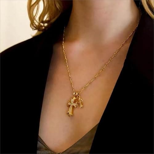 HUARJO Double Cross Vintage CZ Diamond Cross Long Pendant Necklace 18k Gold Plated Choker Necklace for Women,Trendy Jewelry Gifts for Women. - Y2k-18K Gold thumbnail 2