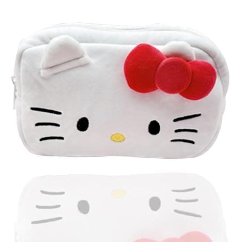 Akutoer Cartoon Cosmetic Bag With Zipper,Kawaii Plush Makeup Bag,Cute Brush Organizer Toiletry Bag for Women Girls (Cat White) - Image 1