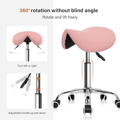 KKTONER Rolling Saddle Stool PU Leather Swivel Adjustable Rolling Stool with Wheels Salon Chair (Pink) thumbnail 4
