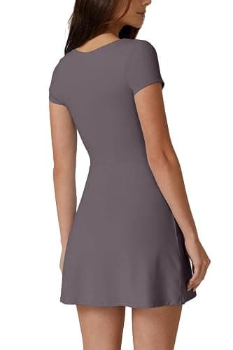 QINSEN Womens Square Neck Tennis Dress Short Sleeve Built in Shorts Golf Athletic Dress with Pockets thumbnail 2