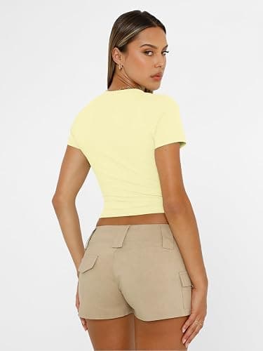 AUTOMET Women's Crew Neck Short Sleeve Basic Stretchy Tight Fitted T-Shirt thumbnail 5