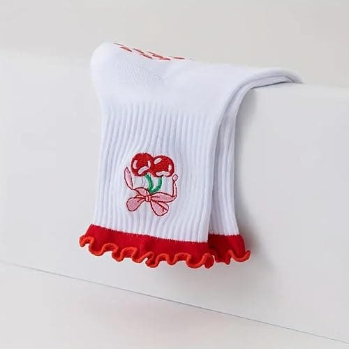 Puedizux Women Cute Pilates Socks Grip Crew Yoga Socks Ruffle Cuff Embroidery Pattern Workout Ballet Socks thumbnail 3