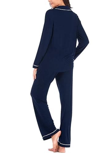 Aamikast Women's Pajama Sets Long Sleeve Button Down Sleepwear Nightwear Soft Pjs Lounge Sets - Navy Blue - X-Large thumbnail 5