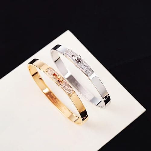 FOMCORT 18K Gold Plated Turn Lock Bracelet with Cubic Zirconia，Classical Fashion Stainless Steel Bangle Bracelet for Men and Womens - Gold thumbnail 2