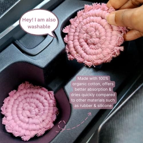 Cotton Car Coasters for Cup Holders, 2PC Car Cup Coasters, Drink Coaster Holder, Cute cupholder Coaster Accessories for Women, Macrame, Boho(Champagne Pink) thumbnail 4