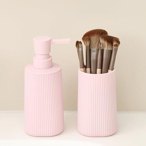 YAUKPH Bathroom Accessories 2 Piece Soap Dispenser and Toothbrush Holder Set Striped Pink thumbnail 5
