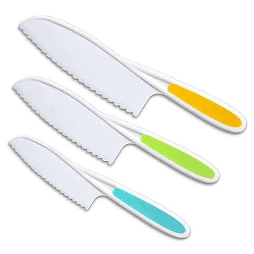 Kitchen Safety Knives for Kids, Children's Cooking Knives in 3 Sizes & Colors/Firm Grip, Serrated Edges for Vegetables, Fruits, Salad, Cake - Image 1