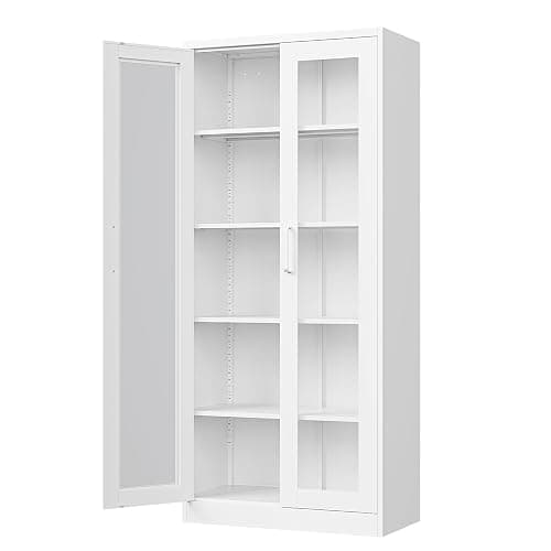 PEUKC Display Storage Cabinet with Glass Door, 67 Inches Metal Curio Cabinet with 4 Adjustable Shelves, HD&Tempered Glass Display Case for Home, Office, Clinic, Pantry, Assemble Required (White) - Image 1